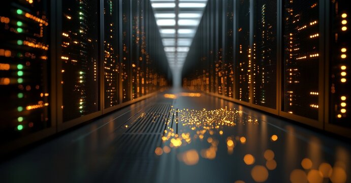 Cryptocurrency mining facilities in a secure server room with data center computer racks