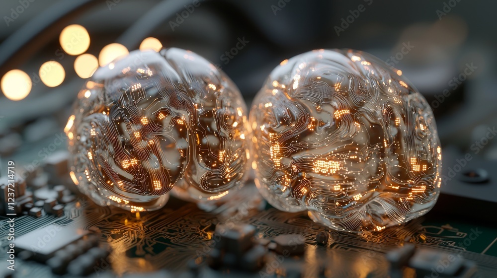 Poster 2. a glowing human brain emerging from a processor represents the merging of human cognitive power w