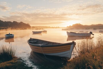 Naklejka premium A picturesque scene of calm waters at dusk, with several boats tied up at the shore.