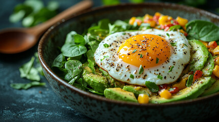 A rustic breakfast bowl with creamy avocado slices, a perfectly poached egg with a runny yolk, and vibrant spinach leaves arranged artistically. The bowl is highlighted with a single soft beam of ligh