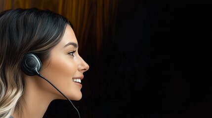 Smiling woman with headset providing exceptional customer support in a professional setting
