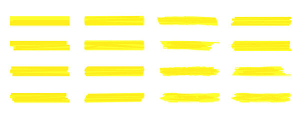Select the marker lines. Set of marker yellow strokes. Handwritten transparent marker. Vector graphic stylish design elements. Selecting and underlining text. Brush yellow lines.