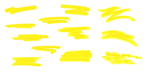 Obraz premium Marker yellow set, brush pen hand drawn underline. Highlighter collection, brush lines, isolated. Vector highlighter graphic stylish element. Watercolor yellow hand drawn highlight set. 