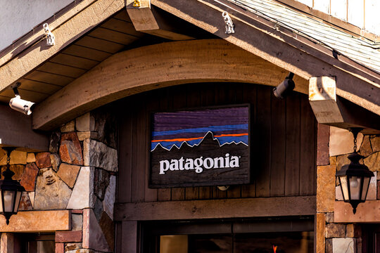 Vail, USA - October 6, 2022: Vacation ski resort town village in Colorado with Patagonia sport shop store on street sign closeup