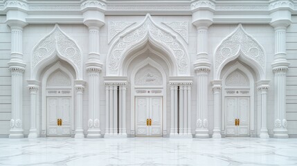 Fototapeta premium White marble entrance, Islamic architecture, grand doors, courtyard background, architectural design