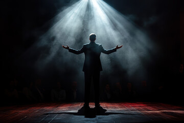 A charismatic leader on stage, delivering a powerful speech to a captivated audience,