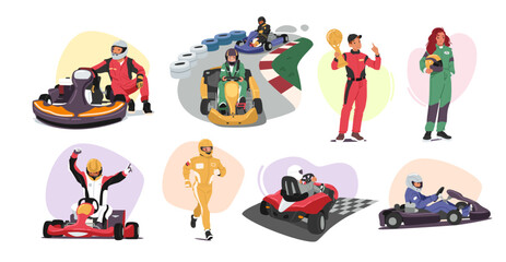 People kart racer cartoon characters in different situation enjoying go-carting sport activity set - obrazy, fototapety, plakaty
