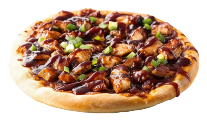 Delicious barbecue chicken pizza with toppings isolated on transparent background