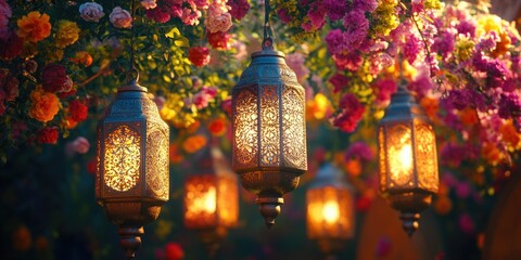 Naklejka premium Glowing lanterns in a garden setting, possibly celebrating a festival or event. The vibrant lights add a festive and colorful ambiance to the scene.