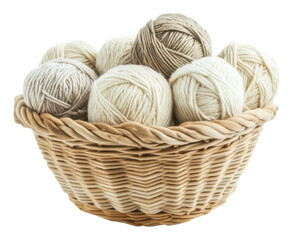 Obraz premium Soft yarn balls in a woven basket display isolated on transparent background