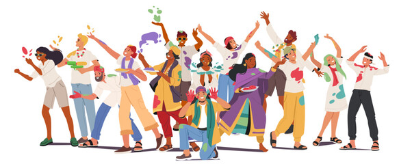 Happy diverse multiracial people characters participating in Holi festival Indian party event