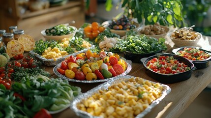 Obraz premium Various fresh fruits and vegetables arranged on a table, ready for preparation. A display of wholesome produce.