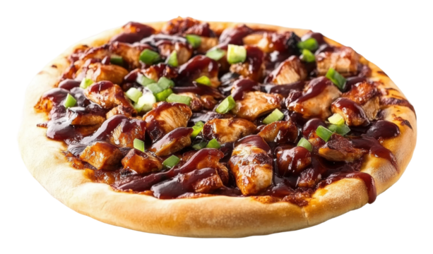Delicious barbecue chicken pizza with toppings isolated on transparent background