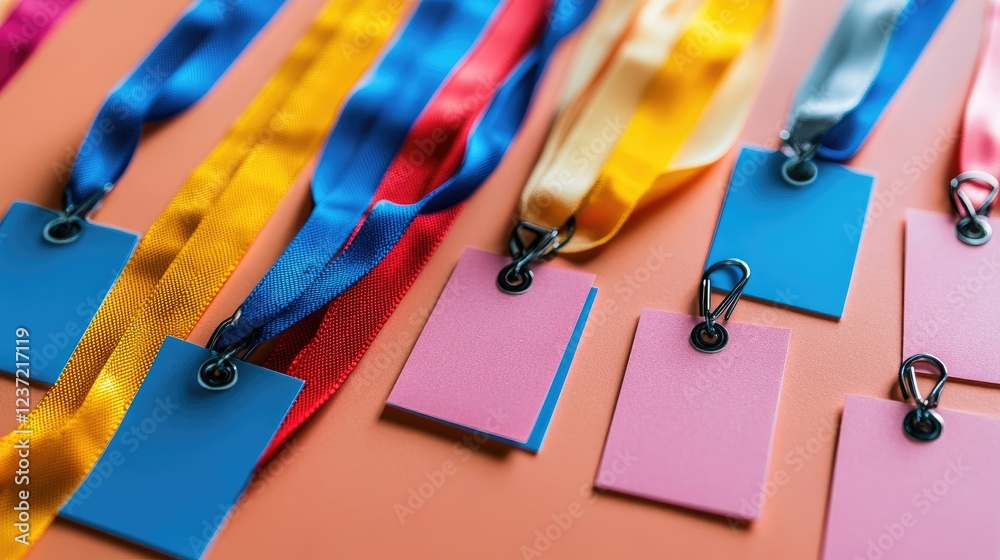 Poster business networking concept with multiple blank name tags and lanyards.