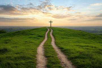 Obraz premium A wooden cross stands atop a grassy hill, illuminated by a golden sunrise.