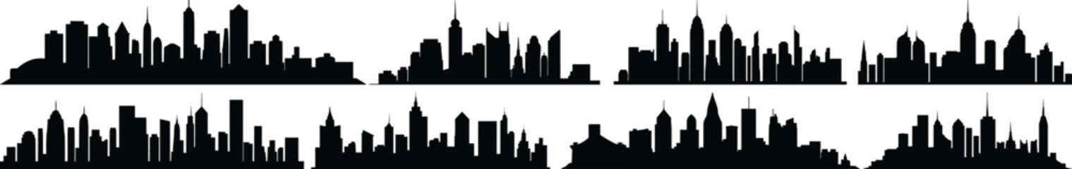 Naklejka premium City silhouettes set, skyscraper pack of vector silhouette design, isolated background