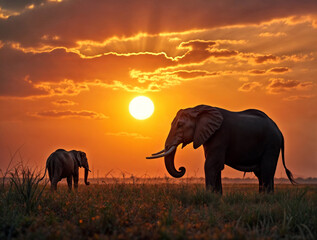 Naklejka premium Majestic elephants roam under a vibrant sunset in an African savanna showcasing the beauty of wildlife and nature's grandeur