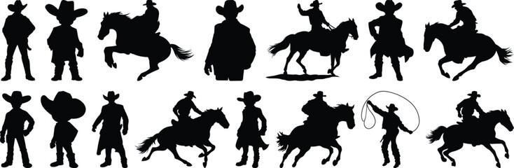 Cowboy silhouettes set, western pack of vector silhouette design, isolated background