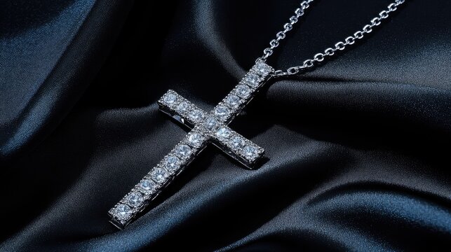 Diamond cross pendant necklace resting on a luxurious black satin background.
