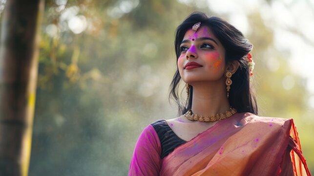 Woman dressed in a vibrant and traditional Indian saree, adorned with jewelry for a special occasion. A representation of South Asian festivities.