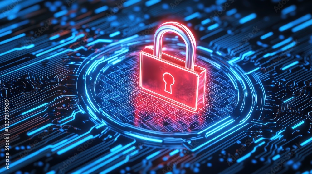 Poster glowing digital database icon surrounded by layers of encryption.