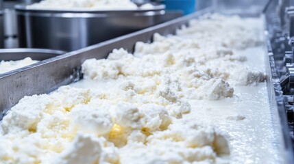 Industrial cheese-making facility with large vats of milk being processed.