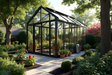 Obraz premium Modern glass greenhouse in lush garden with potted plants
