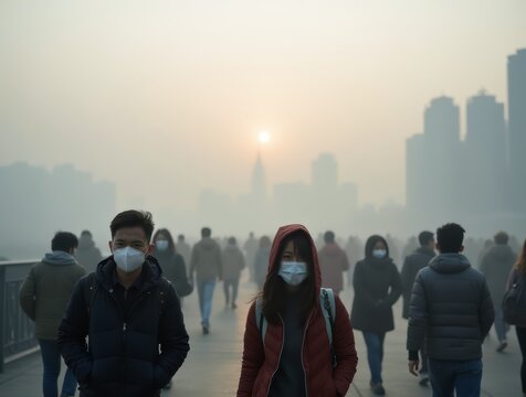 People wearing masks walking in city with air pollution and smog