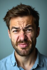 Obraz premium Man wrinkling nose and showing disgust in studio shot
