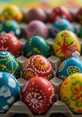 Fototapeta premium Artistic composition of painted eggs in an open carton with lively hues.