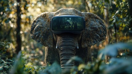 Elephant wearing virtual reality headset in jungle surrounded by trees and greenery