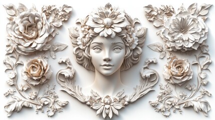 Fototapeta premium Elegant floral relief sculpture featuring feminine face and intricate flower designs