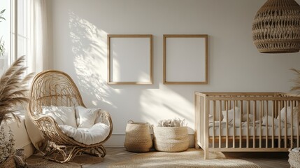 Cozy natural nursery with wicker chair, crib, and sunlit decor in neutral tones