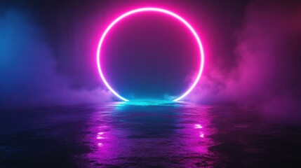 Neon circle reflecting on wet surface in foggy abstract night scene with vibrant lighting