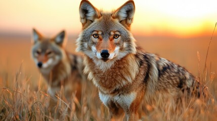Fototapeta premium Coyotes at sunset in prairie grassland