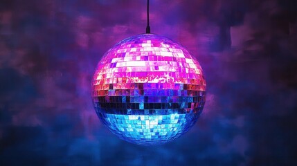 Obraz premium Colorful disco ball with reflective tiles hanging in a vibrant club setting