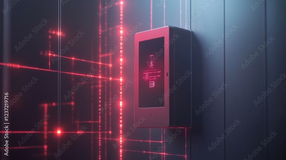 Poster smart home automation system with interconnected devices on a tech background.