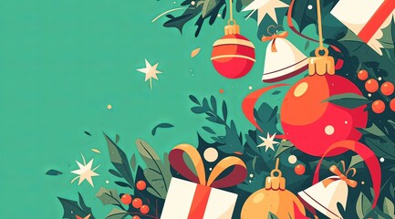 Fototapeta premium Christmas ornaments and gifts hanging on a green background