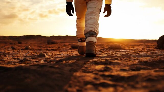 Astronaut walking on Mars at sunset &ndash; futuristic space exploration scene