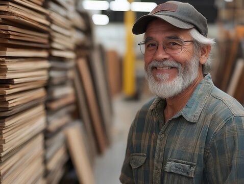 Smiling senior woodworker in lumber warehouse, carpentry expert  
