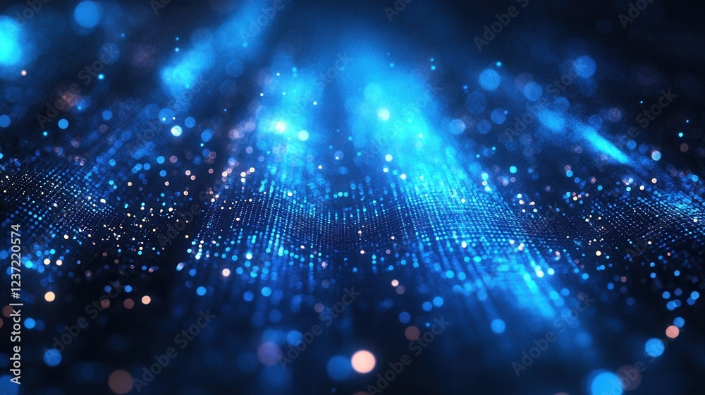 Poster glowing blue particle wave abstract background with shimmering light effects and bokeh