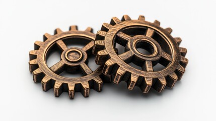 Two interlocked bronze gears on white background showcasing industrial mechanical engineering concept