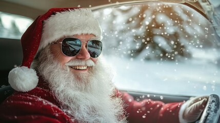 Smiling santa in sunglasses driving through winter wonderland with snowfall