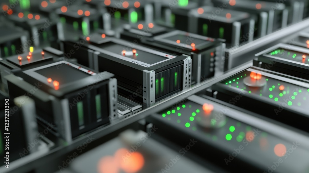 Poster modern server farm processing big data with innovative technology, featuring rows of servers with bl