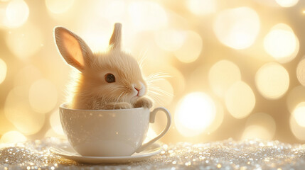 A fluffy baby bunny sitting inside a teacup, its tiny ears flopping over the rim