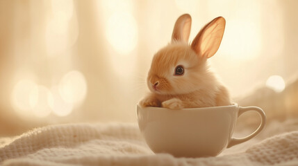 A fluffy baby bunny sitting inside a teacup, its tiny ears flopping over the rim
