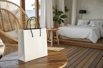 White shopping bag placed on a wooden table in a bright, modern bedroom with a cozy atmosphere and stylish furnishings