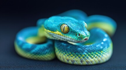 Fototapeta premium Vibrant green and blue snake coiled on black background with yellow highlights