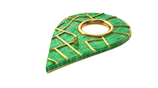 Green and gold location pin showing city map on transparent background