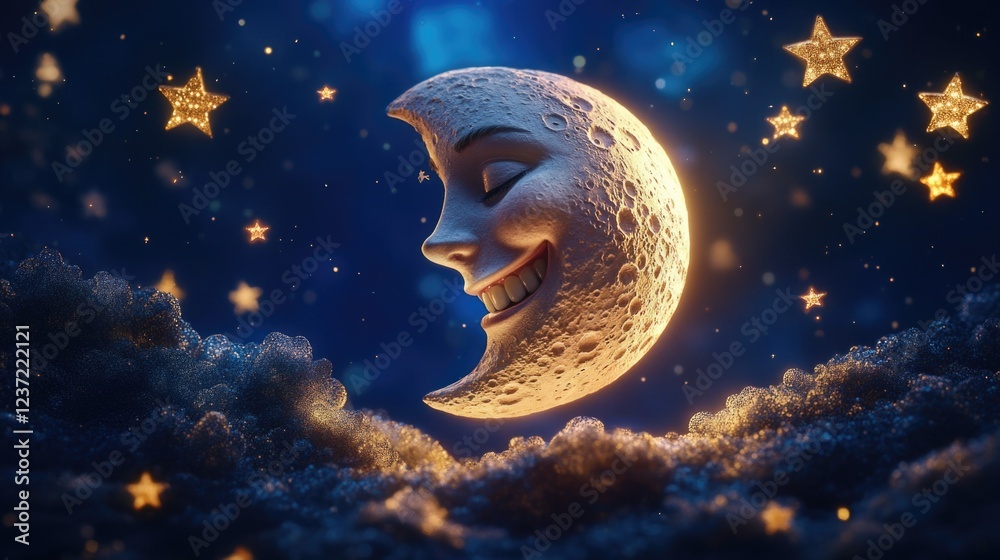 Sticker A smiling moon with stars surrounding it. The idea behind the image is to create a calming and relaxing atmosphere, perhaps for someone to fall asleep to